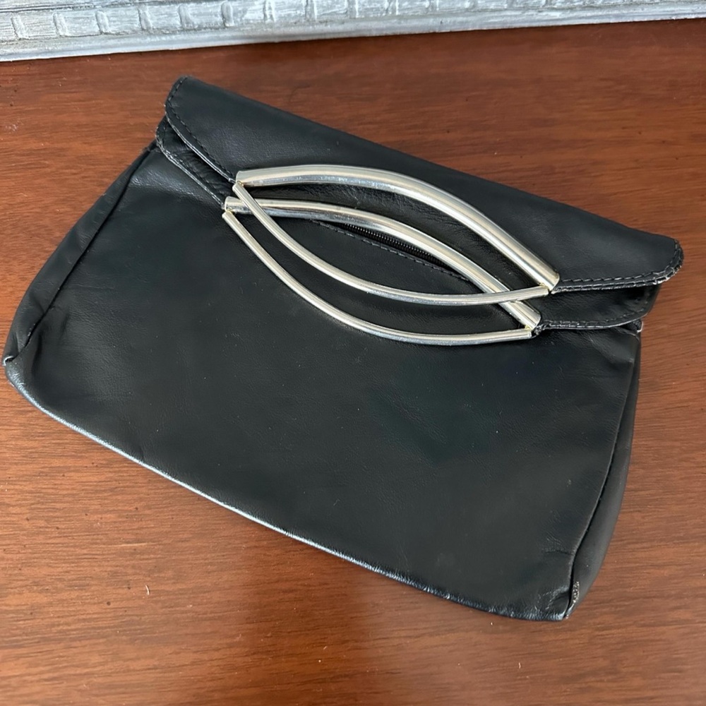 Vintage Italian Leather Black Fold Over Clutch with Silver Accent